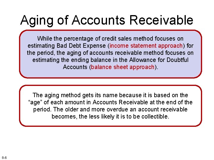 Aging of Accounts Receivable While the percentage of credit sales method focuses on estimating