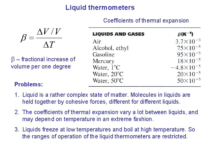 Liquid thermometers Coefficients of thermal expansion b – fractional increase of volume per one