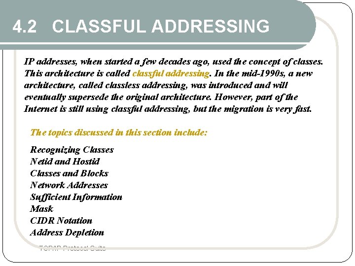 4. 2 CLASSFUL ADDRESSING IP addresses, when started a few decades ago, used the