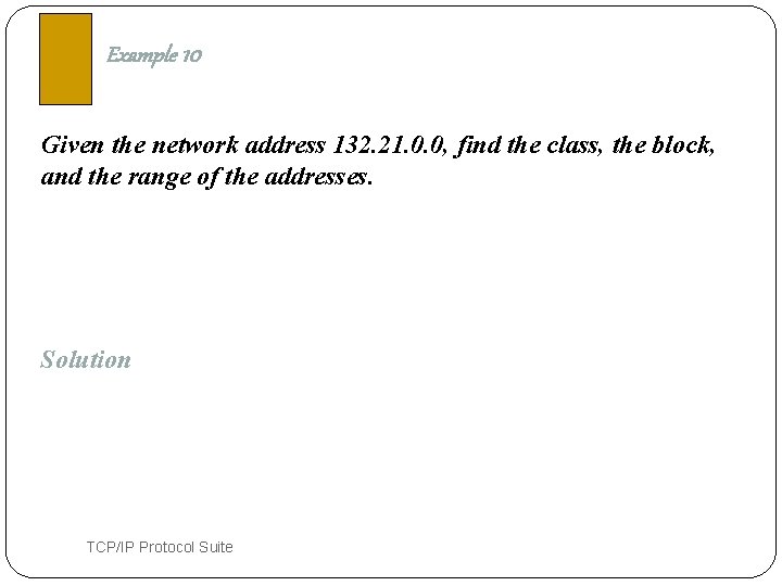 Example 10 Given the network address 132. 21. 0. 0, find the class, the