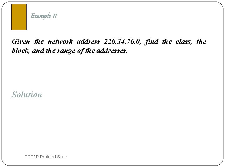 Example 11 Given the network address 220. 34. 76. 0, find the class, the