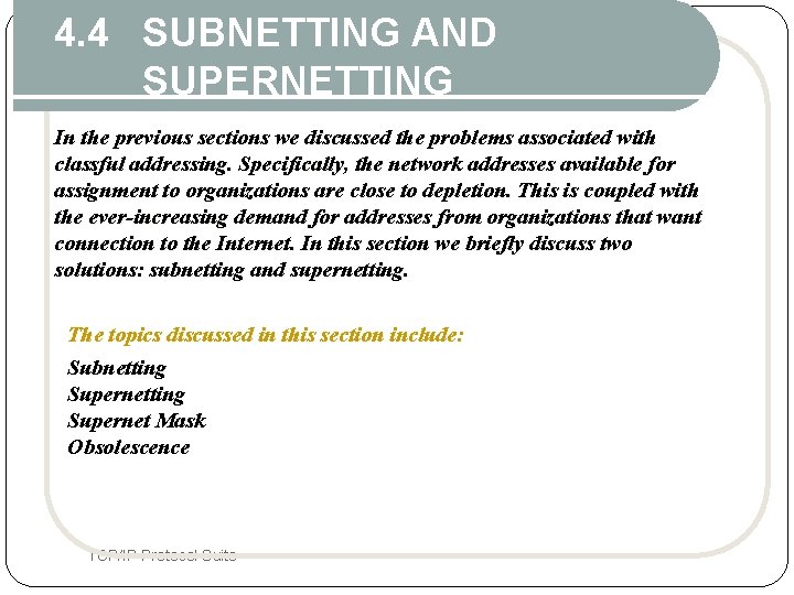 4. 4 SUBNETTING AND SUPERNETTING In the previous sections we discussed the problems associated