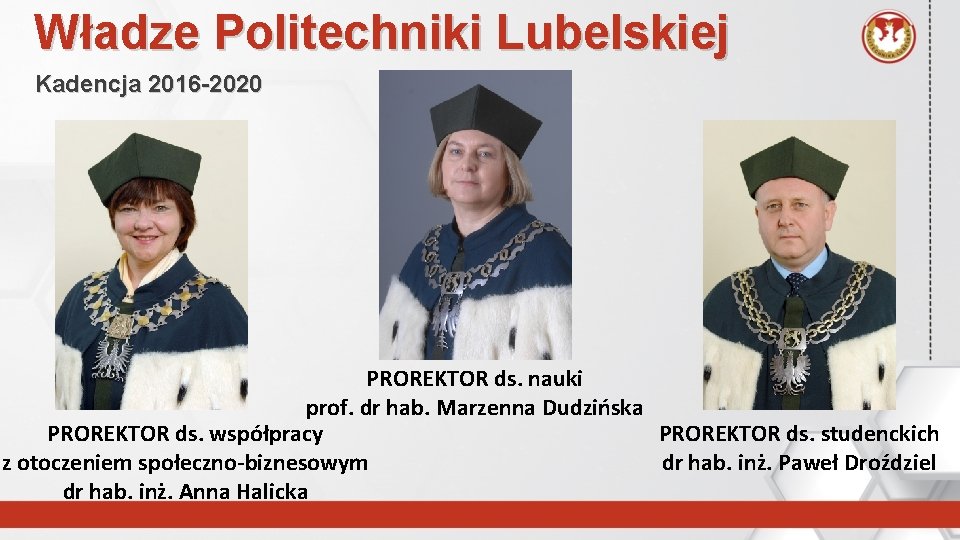 Władze Politechniki Lubelskiej Kadencja 2016 -2020 PROREKTOR ds. nauki prof. dr hab. Marzenna Dudzińska