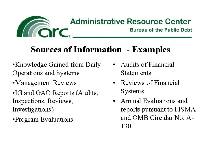 Sources of Information - Examples • Knowledge Gained from Daily Operations and Systems •