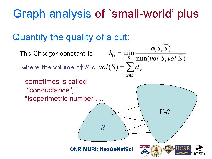 Graph analysis of `small-world’ plus Quantify the quality of a cut: The Cheeger constant