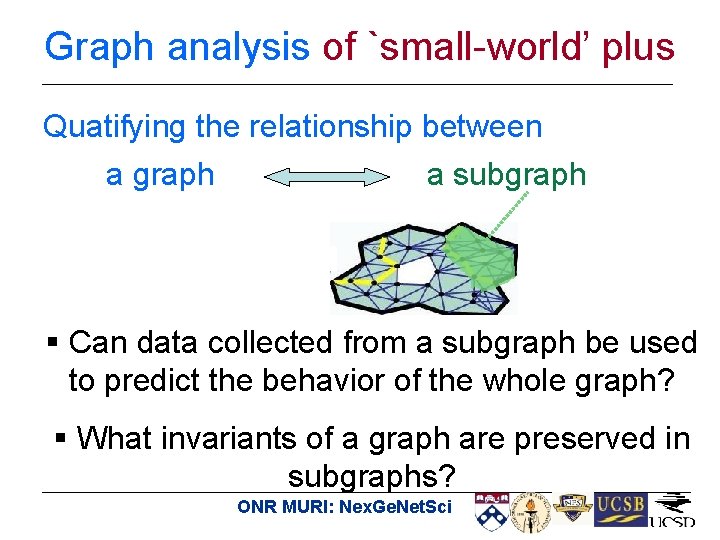 Graph analysis of `small-world’ plus Quatifying the relationship between a graph a subgraph §