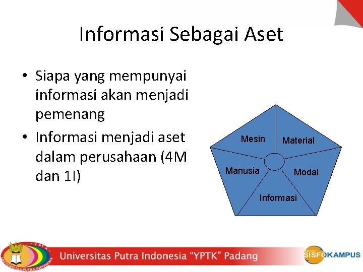 Informasi Sebagai Aset • Siapa yang mempunyai informasi akan menjadi pemenang • Informasi menjadi