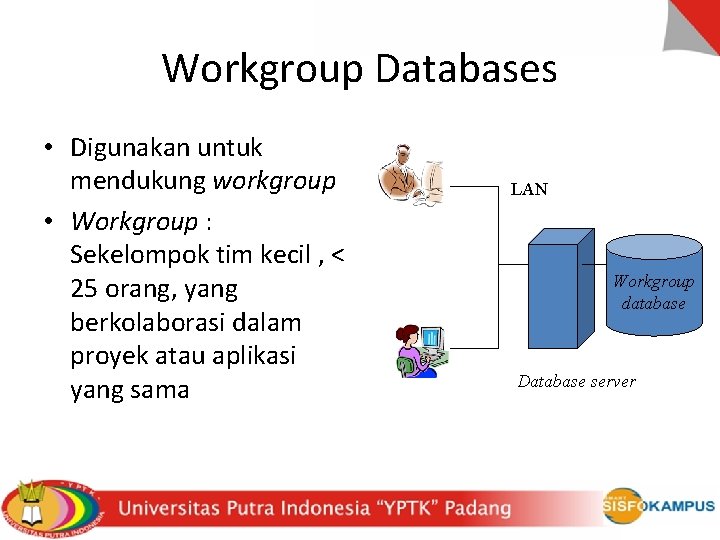 Workgroup Databases • Digunakan untuk mendukung workgroup • Workgroup : Sekelompok tim kecil ,