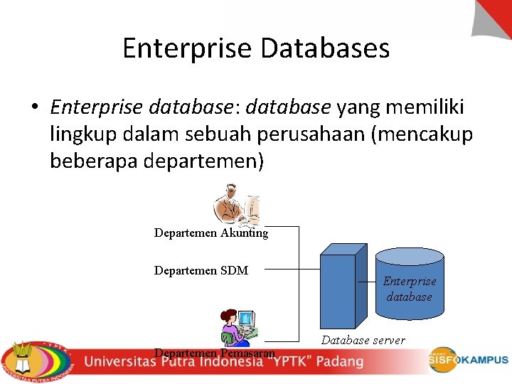 Enterprise Databases • Enterprise database: database yang memiliki lingkup dalam sebuah perusahaan (mencakup beberapa