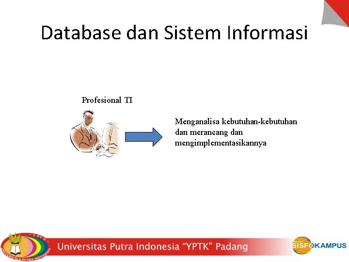 Database dan Sistem Informasi Profesional TI Menganalisa kebutuhan-kebutuhan dan merancang dan mengimplementasikannya 