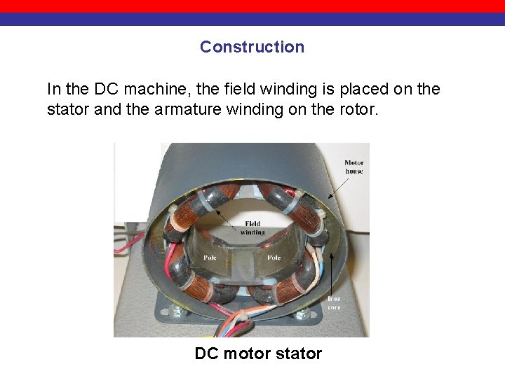 Construction In the DC machine, the field winding is placed on the stator and