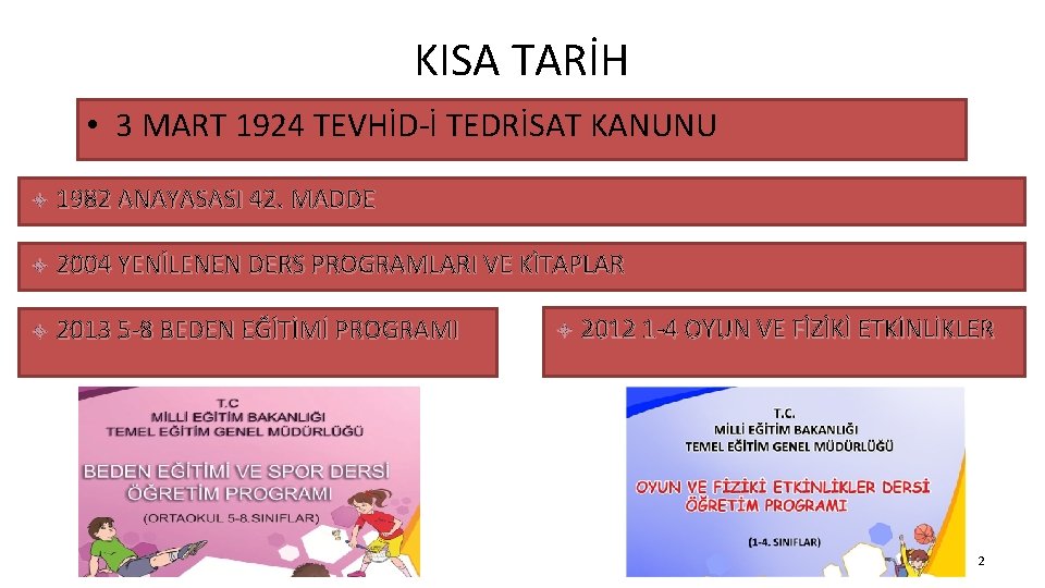 KISA TARİH • 3 MART 1924 TEVHİD-İ TEDRİSAT KANUNU 1982 ANAYASASI 42. MADDE 2004