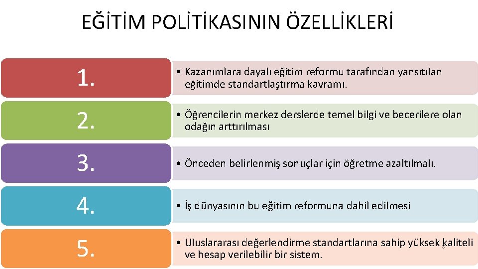 EĞİTİM POLİTİKASININ ÖZELLİKLERİ 1. • Kazanımlara dayalı eğitim reformu tarafından yansıtılan eğitimde standartlaştırma kavramı.