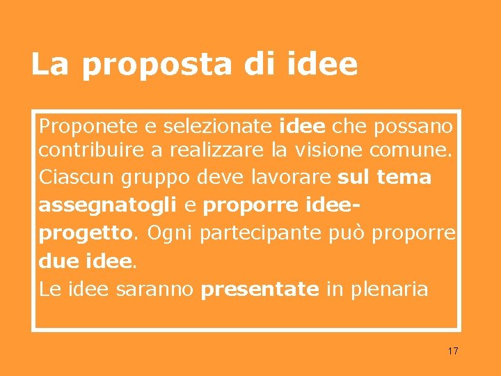 La proposta di idee Proponete e selezionate idee che possano contribuire a realizzare la