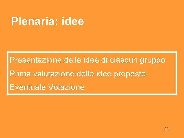 Plenaria: idee Presentazione delle idee di ciascun gruppo Prima valutazione delle idee proposte Eventuale