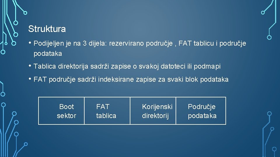 Struktura • Podijeljen je na 3 dijela: rezervirano područje , FAT tablicu i područje