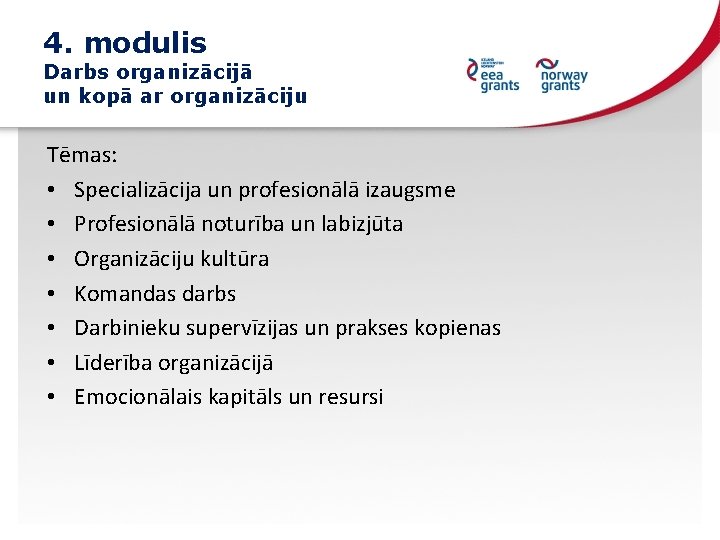 4. modulis Darbs organizācijā un kopā ar organizāciju Tēmas: • Specializācija un profesionālā izaugsme