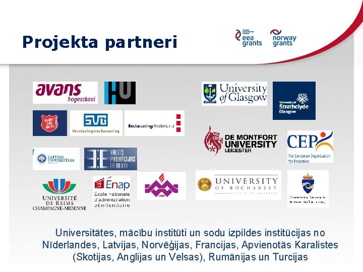Projekta partneri Universitātes, mācību institūti un sodu izpildes institūcijas no Nīderlandes, Latvijas, Norvēģijas, Francijas,