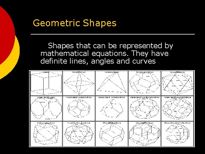 Geometric Shapes that can be represented by mathematical equations. They have definite lines, angles