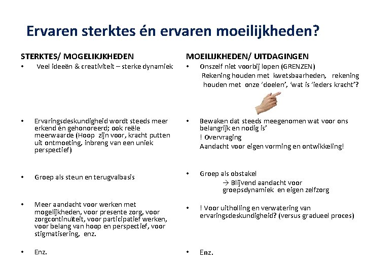 Ervaren sterktes én ervaren moeilijkheden? STERKTES/ MOGELIKJKHEDEN • Veel ideeën & creativiteit – sterke