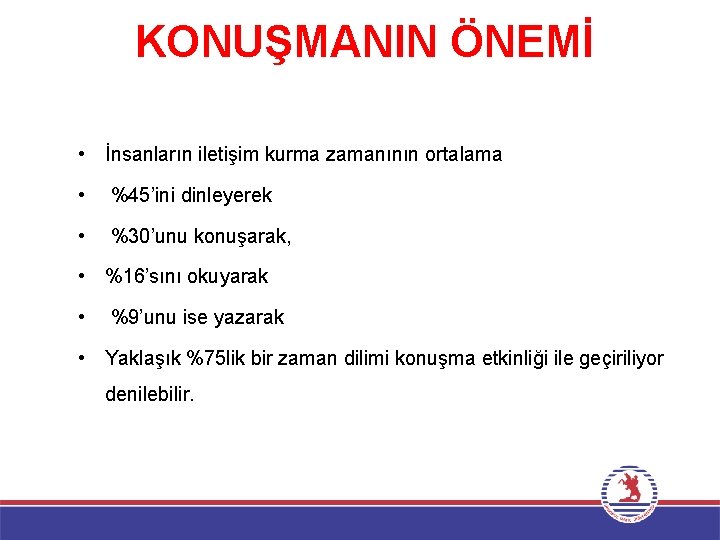 KONUŞMANIN ÖNEMİ • İnsanların iletişim kurma zamanının ortalama • %45’ini dinleyerek • %30’unu konuşarak,