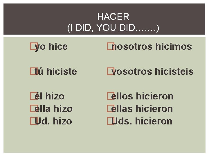 HACER (I DID, YOU DID……. ) �yo hice �nosotros hicimos �tú hiciste �vosotros hicisteis