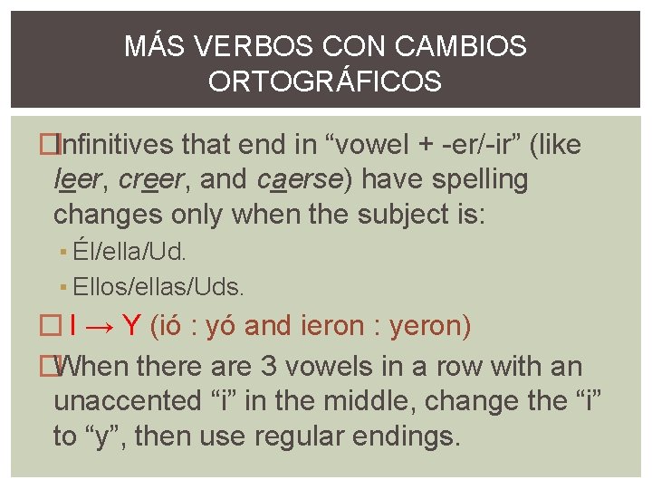MÁS VERBOS CON CAMBIOS ORTOGRÁFICOS �Infinitives that end in “vowel + -er/-ir” (like leer,
