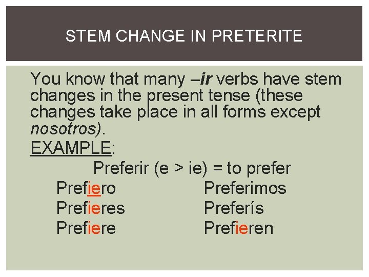 STEM CHANGE IN PRETERITE You know that many –ir verbs have stem changes in