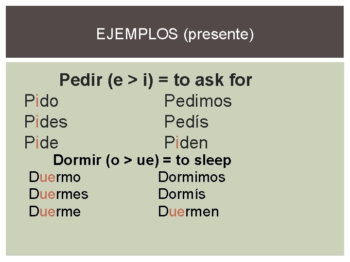 EJEMPLOS (presente) Pedir (e > i) = to ask for Pido Pedimos Pides Pedís