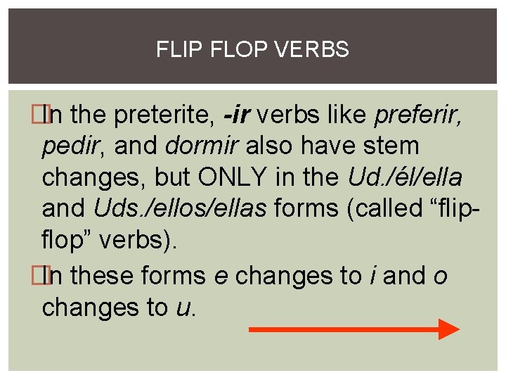 FLIP FLOP VERBS � In the preterite, -ir verbs like preferir, pedir, and dormir