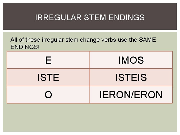 IRREGULAR STEM ENDINGS All of these irregular stem change verbs use the SAME ENDINGS!