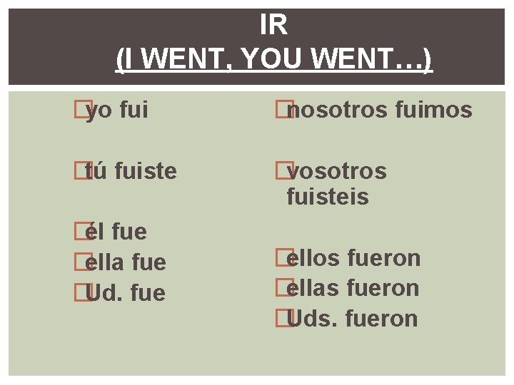 IR (I WENT, YOU WENT…) �yo fui �nosotros fuimos �tú fuiste �vosotros fuisteis �él