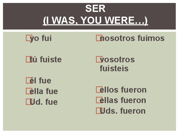SER (I WAS, YOU WERE…) �yo fui �nosotros fuimos �tú fuiste �vosotros fuisteis �él