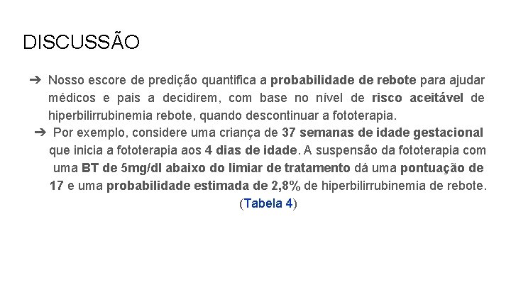 DISCUSSÃO ➔ Nosso escore de predição quantifica a probabilidade de rebote para ajudar médicos