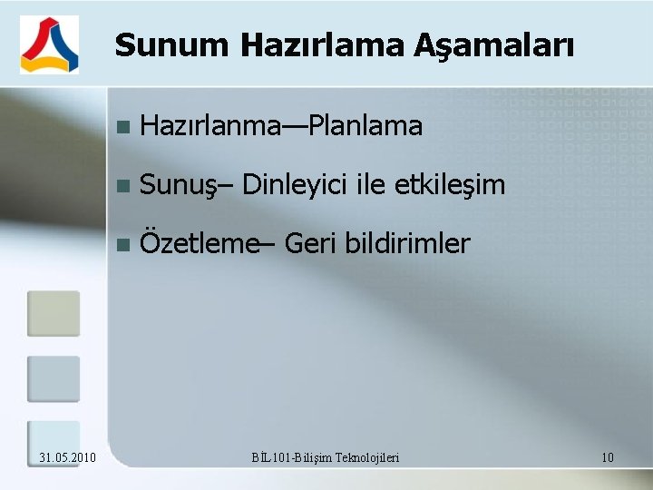 Sunum Hazırlama Aşamaları 31. 05. 2010 Hazırlanma—Planlama Sunuş– Dinleyici ile etkileşim Özetleme– Geri bildirimler