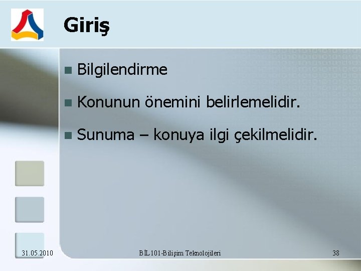Giriş 31. 05. 2010 Bilgilendirme Konunun önemini belirlemelidir. Sunuma – konuya ilgi çekilmelidir. BİL