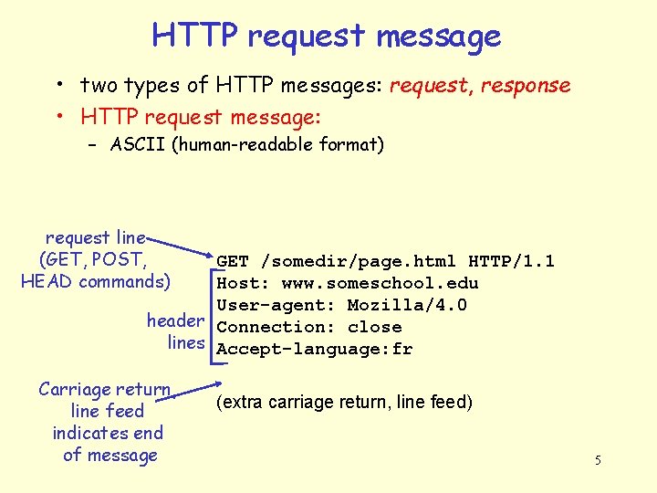 HTTP request message • two types of HTTP messages: request, response • HTTP request