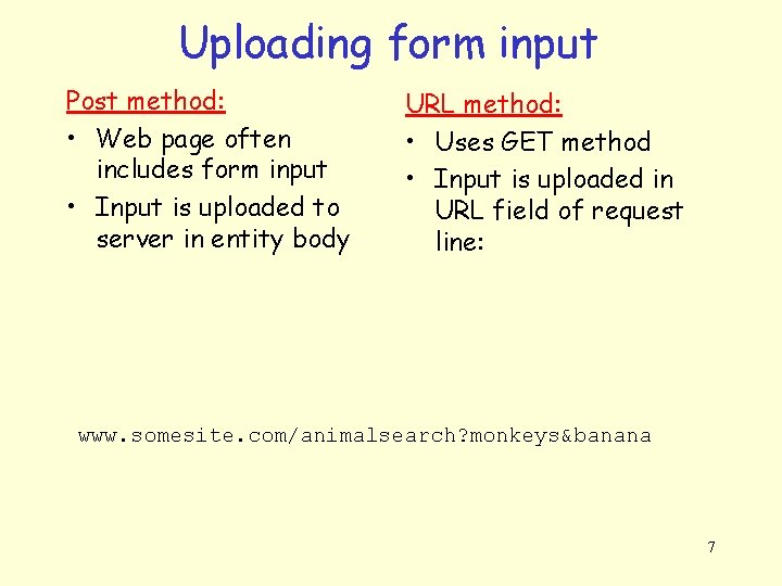 Uploading form input Post method: • Web page often includes form input • Input