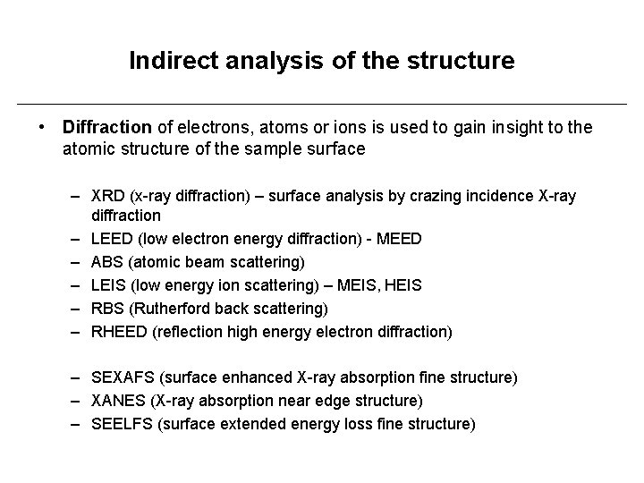 Indirect analysis of the structure • Diffraction of electrons, atoms or ions is used