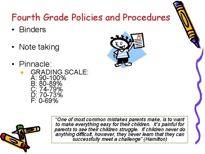 Fourth Grade Policies and Procedures • Binders • Note taking • Pinnacle: GRADING SCALE: