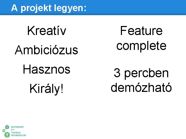 A projekt legyen: Kreatív Ambiciózus Hasznos Király! Feature complete 3 percben demózható 