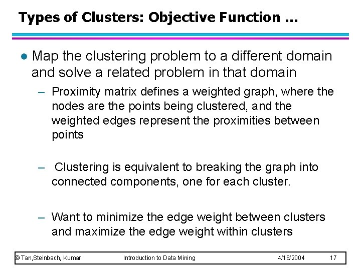 Types of Clusters: Objective Function … l Map the clustering problem to a different