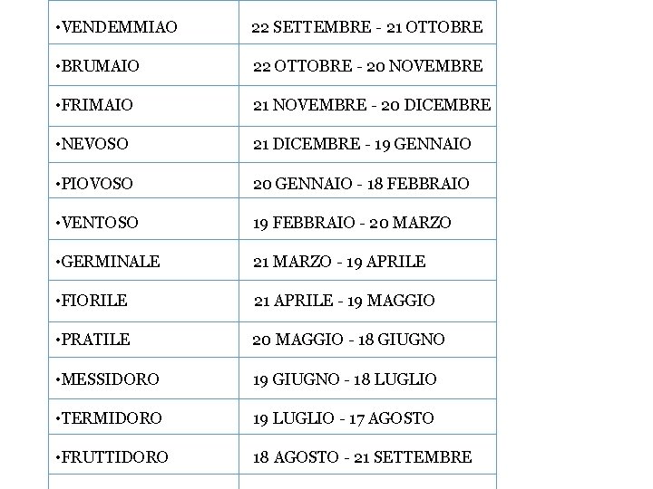  • VENDEMMIAO 22 SETTEMBRE - 21 OTTOBRE • BRUMAIO 22 OTTOBRE - 20
