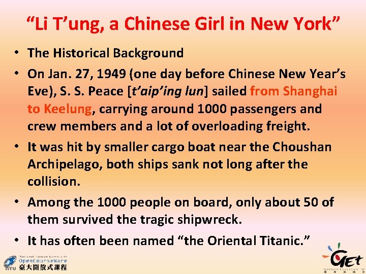 “Li T’ung, a Chinese Girl in New York” • The Historical Background • On