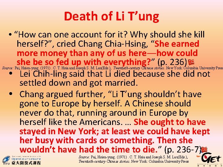 Death of Li T’ung “How can one account for it? Why should she kill