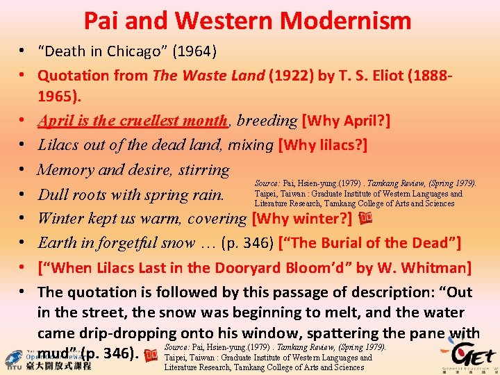 Pai and Western Modernism • “Death in Chicago” (1964) • Quotation from The Waste