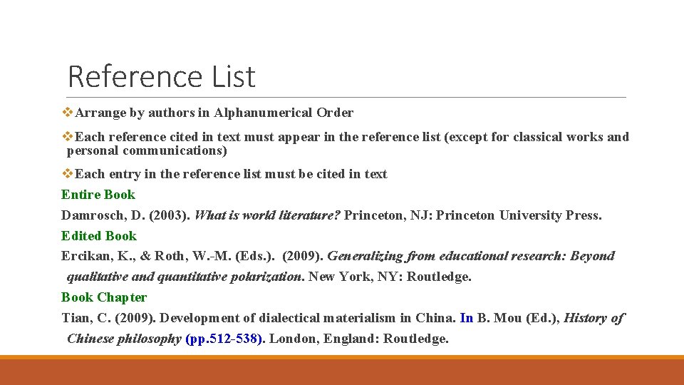 Reference List v. Arrange by authors in Alphanumerical Order v. Each reference cited in