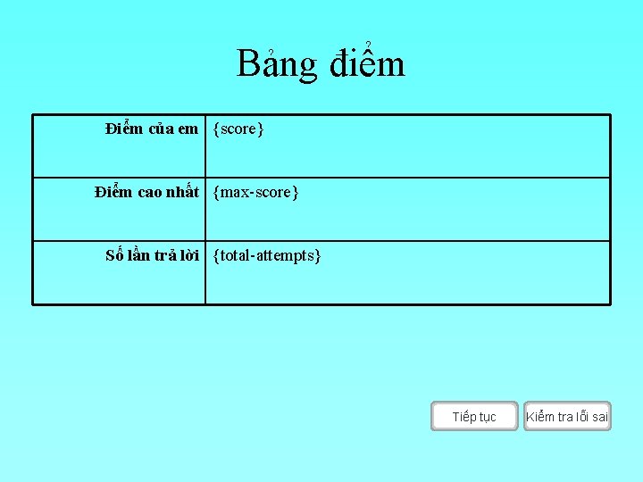 Bảng điểm Điểm của em {score} Điểm cao nhất {max-score} Số lần trả lời