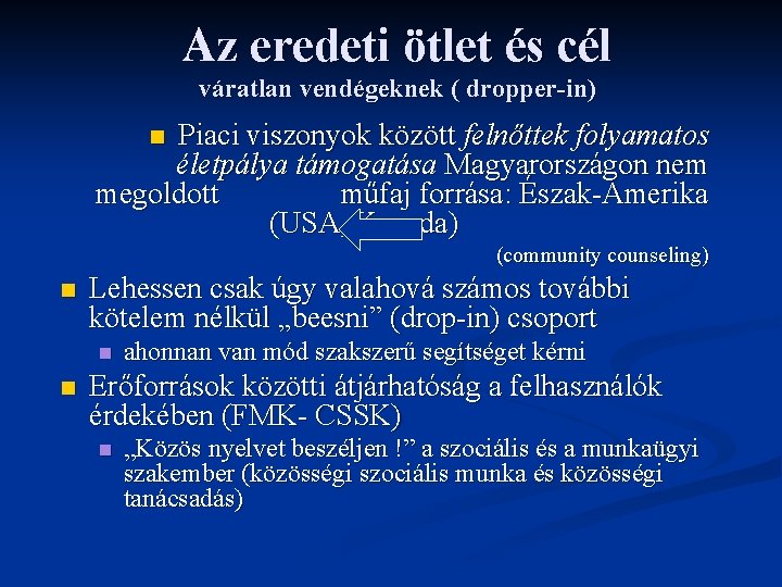 Az eredeti ötlet és cél váratlan vendégeknek ( dropper-in) Piaci viszonyok között felnőttek folyamatos