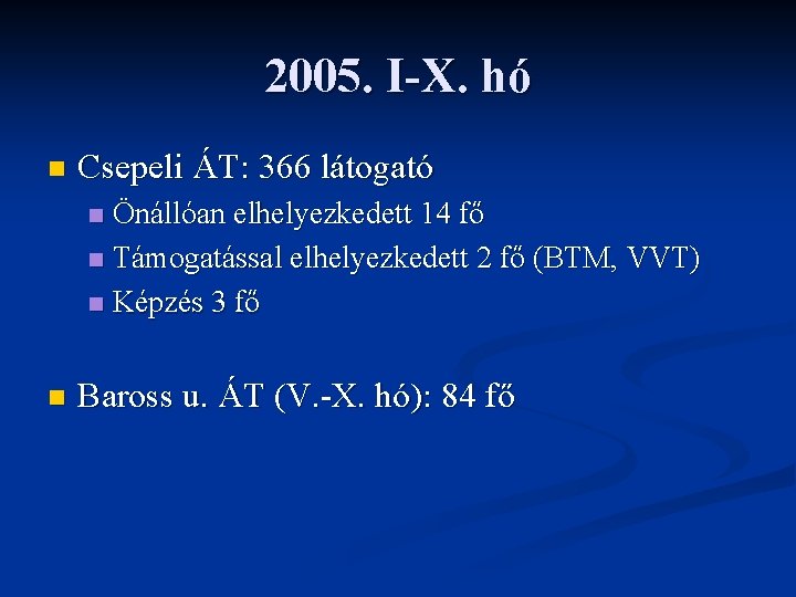 2005. I-X. hó n Csepeli ÁT: 366 látogató Önállóan elhelyezkedett 14 fő n Támogatással